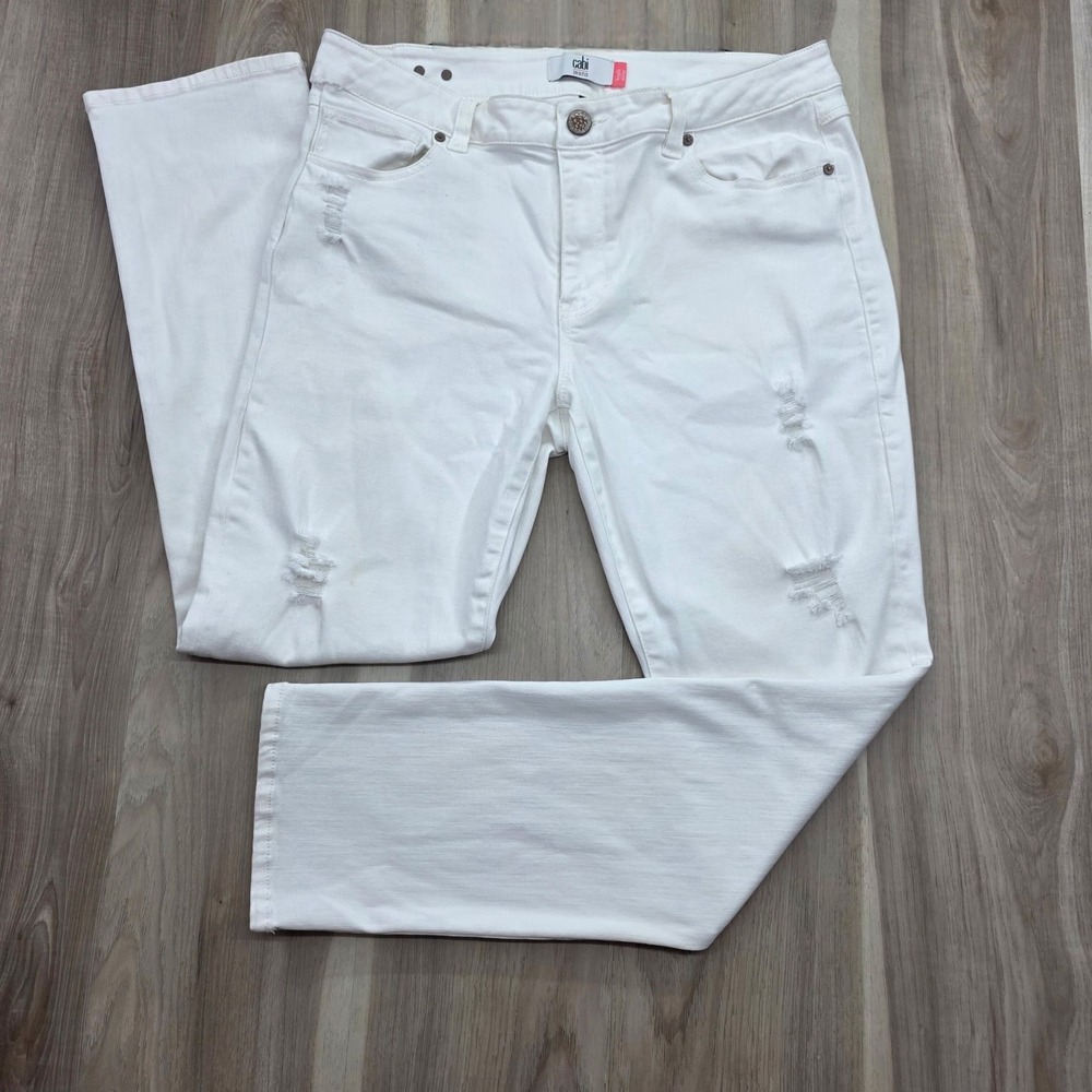 Cabi High Slim Jeans White Distressed Denim High‎ Rise Size 14 Womens Stretch